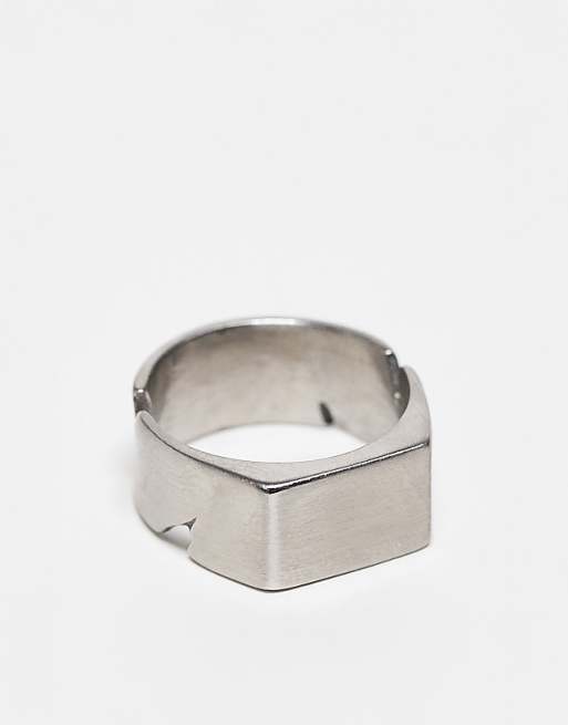 ASOS DESIGN waterproof stainless steel cut out brushed silver signet ring in silver tone