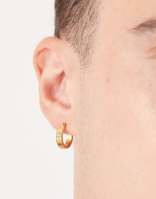 ASOS DESIGN waterproof stainless steel engraved star hoops in gold tone