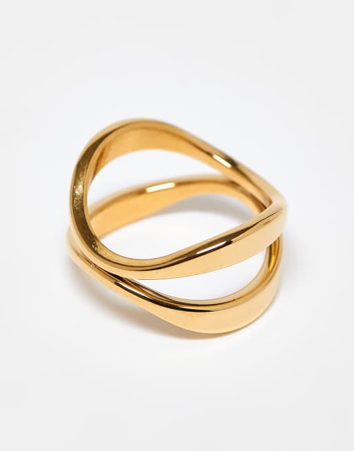 ASOS DESIGN Waterproof Stainless Steel Ring With Cross-over Design In Gold Tone