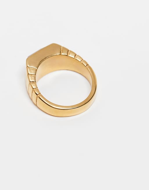 ASOS DESIGN Waterproof Stainless Steel Signet Ring With Red Stone In Gold Tone