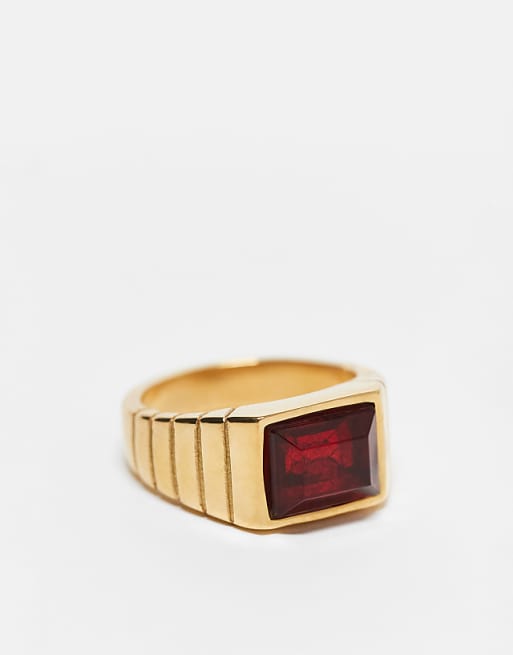 ASOS DESIGN waterproof stainless steel signet ring with red stone in gold tone