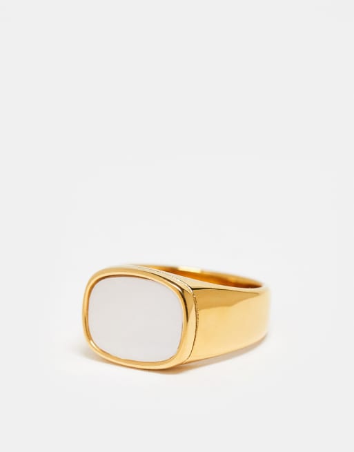 ASOS DESIGN Waterproof Stainless Steel Signet Ring With Faux Mother Of Pearl In Gold Tone