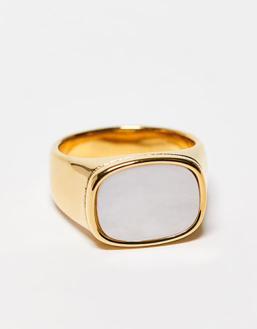 ASOS DESIGN waterproof stainless steel signet ring with faux mother of pearl in gold tone