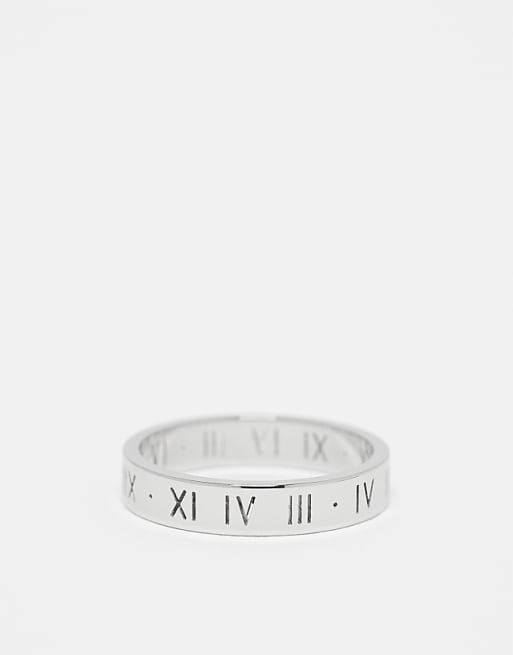 ASOS DESIGN waterproof stainless steel skinny band ring with roman numerals in silver tone