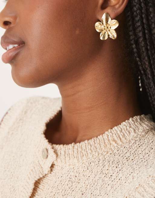 ASOS DESIGN Waterproof Stainless Steel Stud Flower Earrings In Gold Tone
