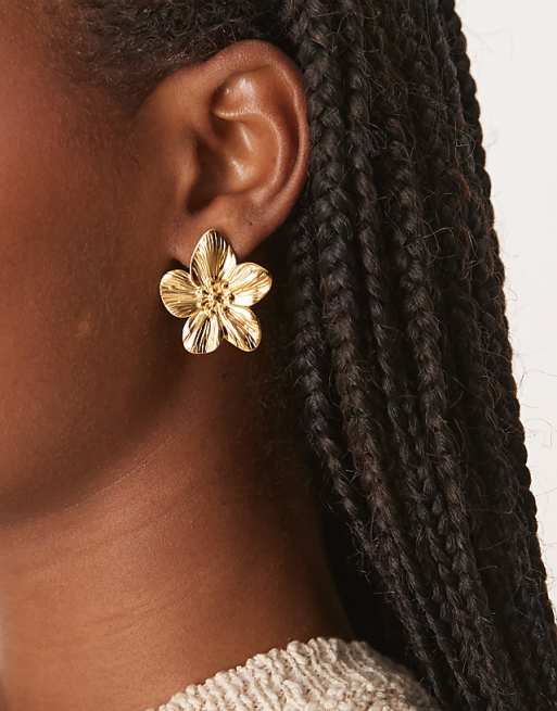 ASOS DESIGN waterproof stainless steel stud flower earrings in gold tone