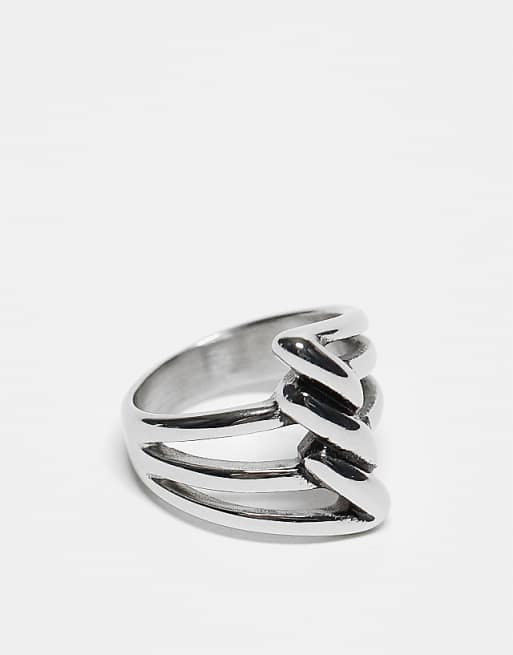 ASOS DESIGN waterproof stainless steel twist detail wrap ring in silver
