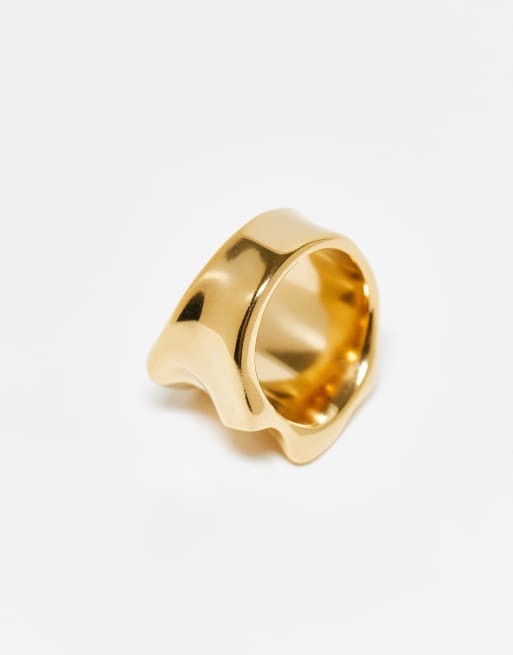 ASOS DESIGN Waterproof Stainless Steel Wide Band Ring In Molten Design In Gold Tone