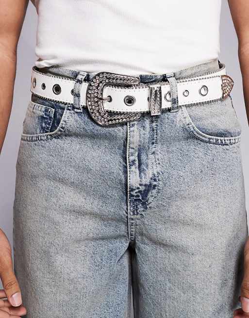 ASOS DESIGN western cowboy eyelet belt in glitter white faux leather