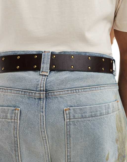 ASOS DESIGN Western Plated Bull Buckle Studded Belt In Brown Faux Leather