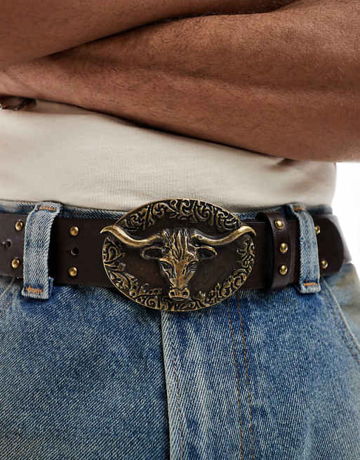ASOS DESIGN western plated bull buckle studded belt in brown faux leather