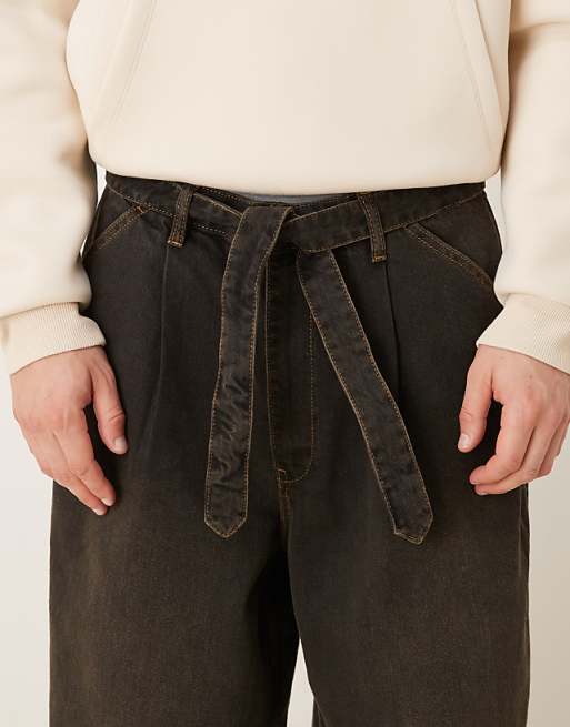 ASOS DESIGN Wide Leg Jeans In Brown Wash With Pleats And Belt