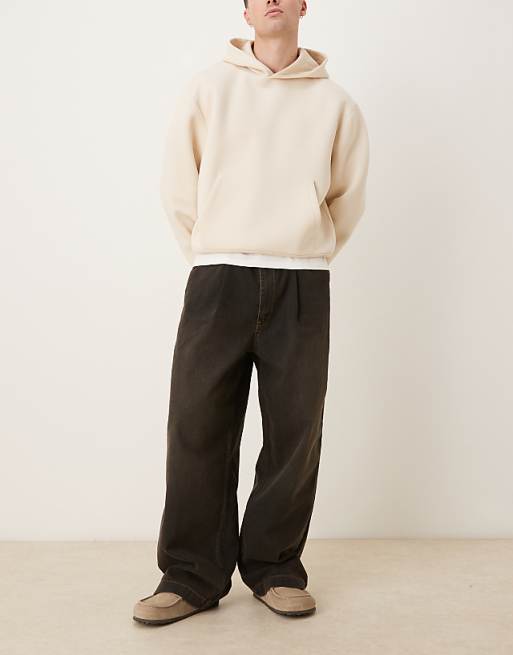 ASOS DESIGN wide leg jeans in brown wash with pleats and belt