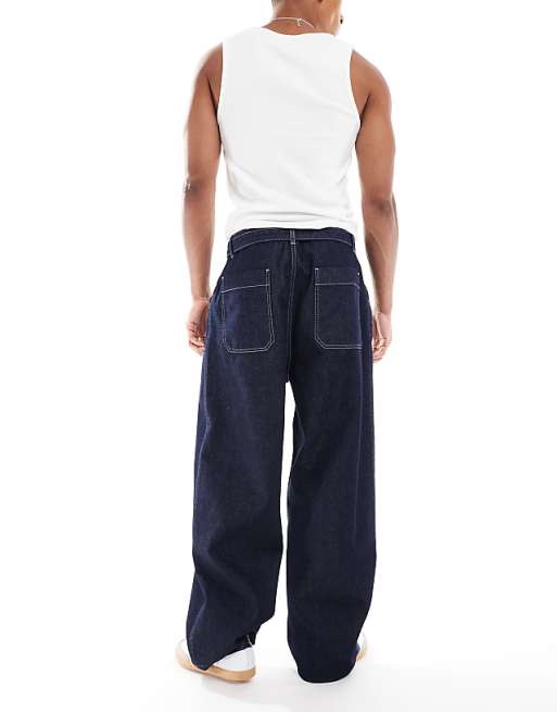 ASOS DESIGN Wide Leg Jeans In Raw Wash With Pleats And Belt