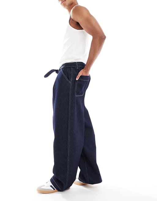 ASOS DESIGN Wide Leg Jeans In Raw Wash With Pleats And Belt