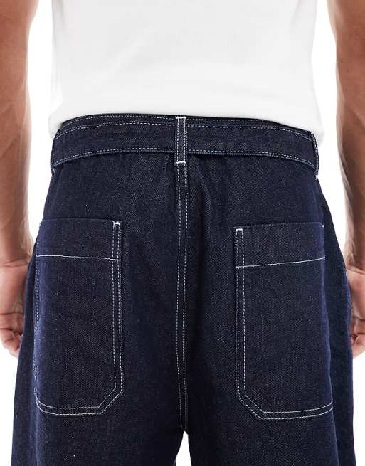 ASOS DESIGN Wide Leg Jeans In Raw Wash With Pleats And Belt