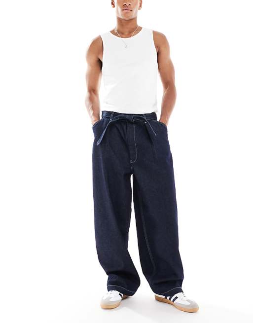 ASOS DESIGN wide leg jeans in raw wash with pleats and belt
