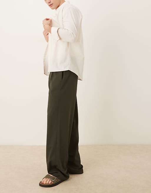 ASOS DESIGN Wide Leg Trousers With Deep Pleat In Khaki