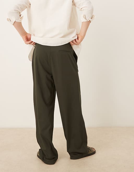 ASOS DESIGN Wide Leg Trousers With Deep Pleat In Khaki