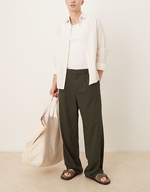 ASOS DESIGN wide leg trousers with deep pleat in khaki