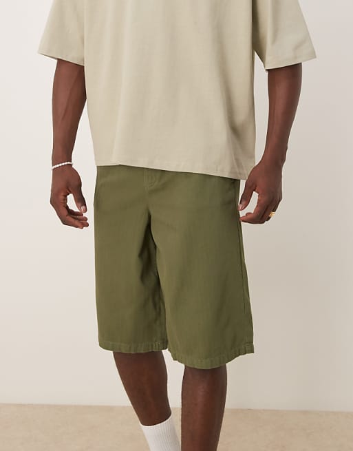 ASOS DESIGN Wide Longline Herringbone Shorts In Green