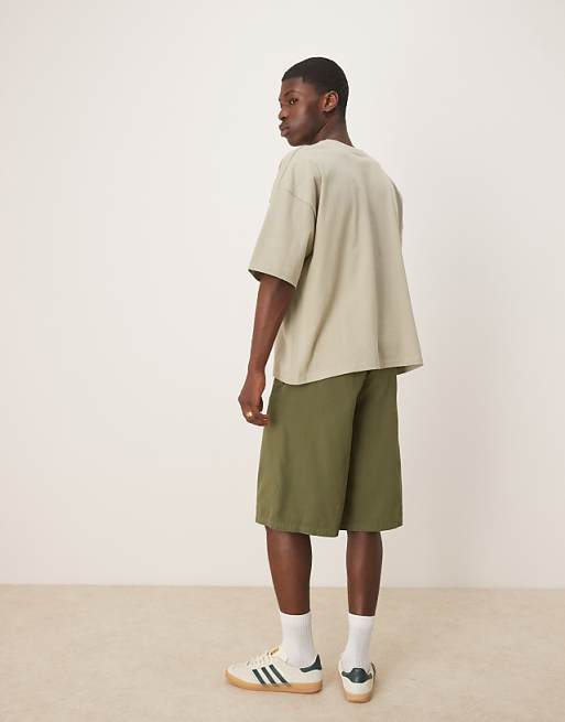 ASOS DESIGN Wide Longline Herringbone Shorts In Green