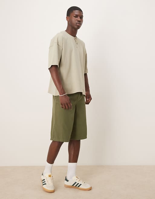 ASOS DESIGN wide longline herringbone shorts in green