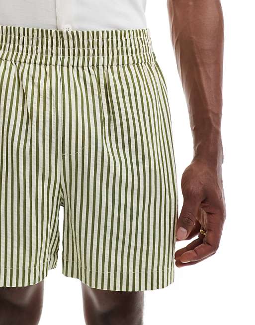 ASOS DESIGN Wide Shorter Length Short In Green And White Stripe