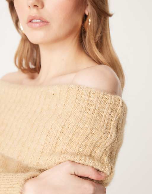ASOS DESIGN Wool Blend Bardot Off Shoulder Jumper In Honey Beige
