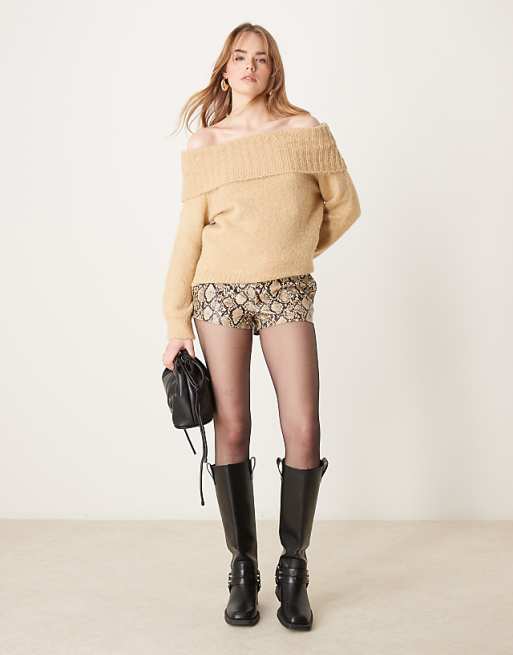 ASOS DESIGN Wool Blend Bardot Off Shoulder Jumper In Honey Beige