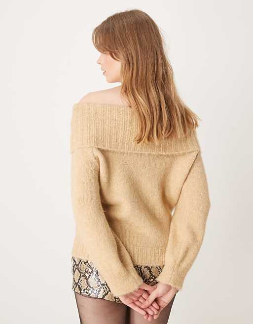 ASOS DESIGN Wool Blend Bardot Off Shoulder Jumper In Honey Beige