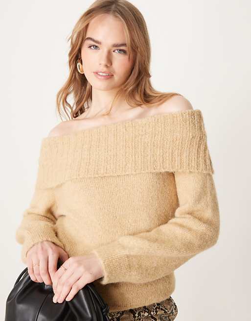 ASOS DESIGN wool blend bardot off shoulder jumper in honey beige