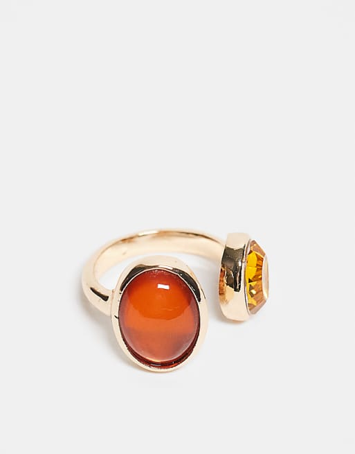 ASOS DESIGN wrap around ring with amber faux semi precious stones in gold tone
