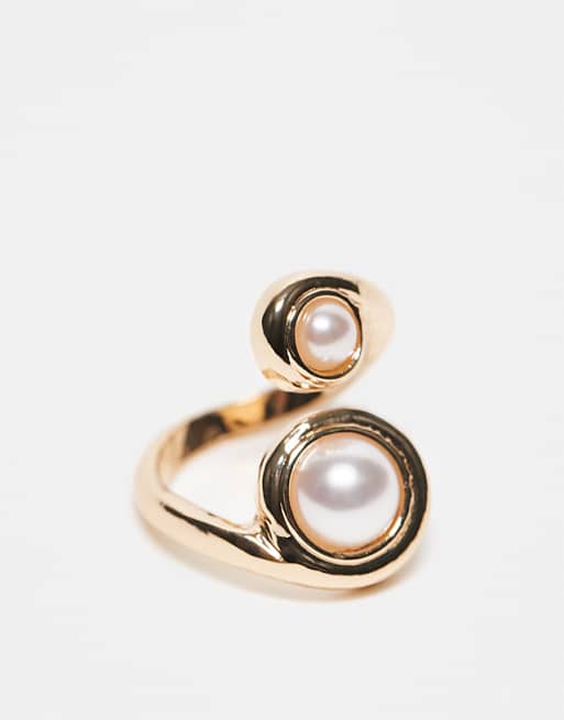 ASOS DESIGN wraparound ring with faux pearl detail in gold tone