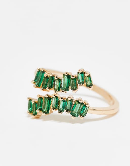 ASOS DESIGN Wraparound Ring With Tonal Green Baguette Crystal Design In Gold Tone