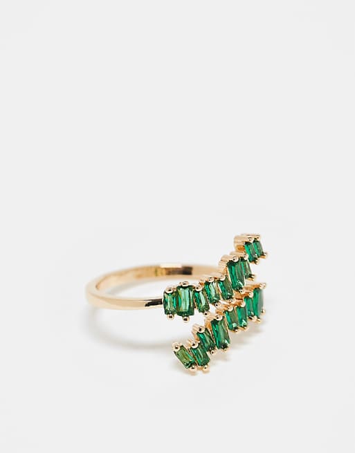 ASOS DESIGN wraparound ring with tonal green baguette crystal design in gold tone