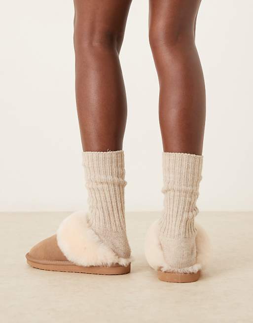 ASOS DESIGN Zamber Premium Sheepskin Slippers In Tan Suede