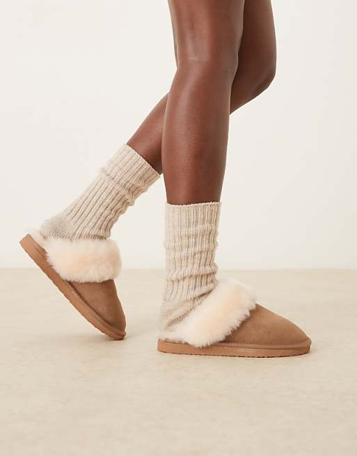 ASOS DESIGN Zamber Premium Sheepskin Slippers In Tan Suede