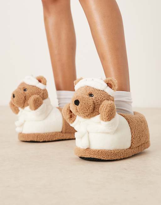 ASOS DESIGN Zemi teddy bear robe slipper in tan borg