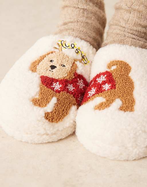 ASOS DESIGN Zizi Embroidered Cavapoo Slipper In Cream Borg