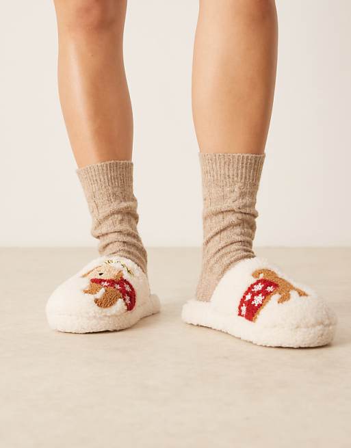 ASOS DESIGN Zizi Embroidered Cavapoo Slipper In Cream Borg