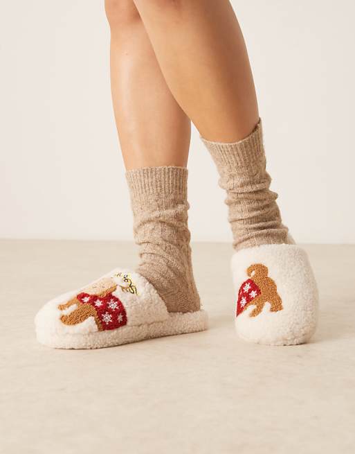ASOS DESIGN Zizi embroidered cavapoo slipper in cream borg