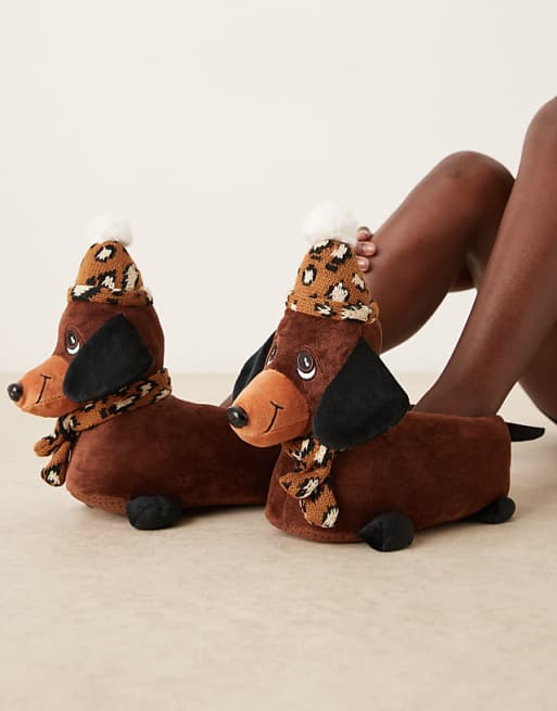 ASOS DESIGN Zizzle Sausage Dog Slippers In Brown