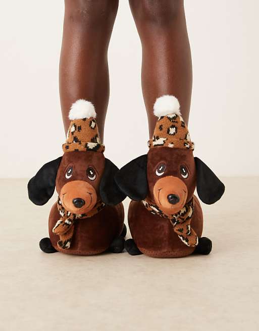 ASOS DESIGN Zizzle sausage dog slippers in brown