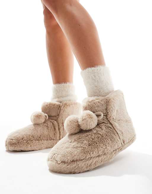 ASOS DESIGN Zyla pom pom bootie slippers in mink