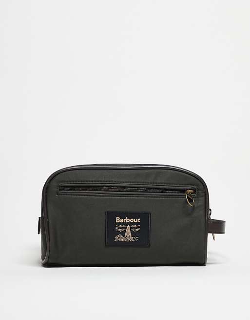Barbour wax washbag in olive green/beacon