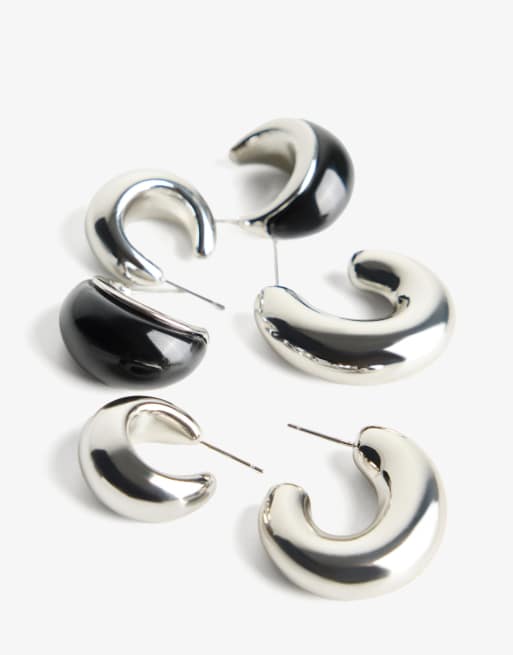 Bershka 3-pack Of Assorted Earrings In Silver