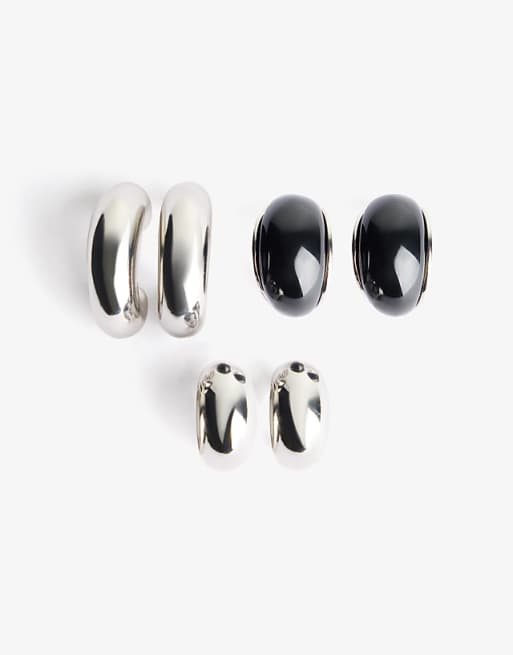 Bershka 3-pack of assorted earrings in silver