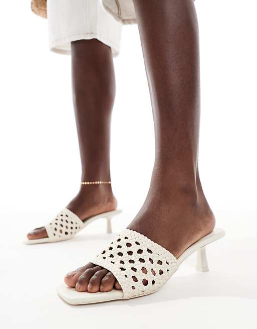 Bershka Crochet Kitten Heeled Sandals In Ecru