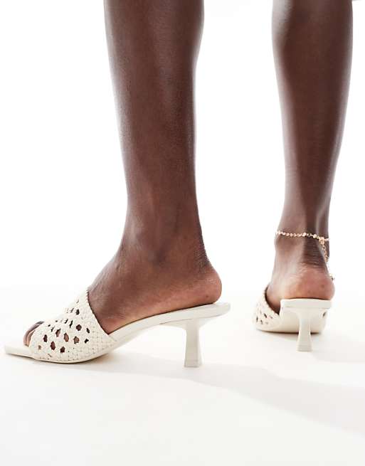 Bershka Crochet Kitten Heeled Sandals In Ecru